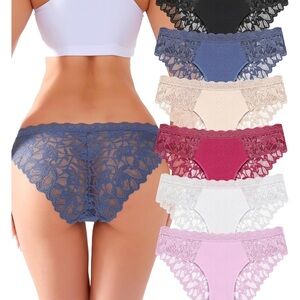 6-Pack Lace Bikini Panties — Blue, Black, Beige, Wine, White, Pink